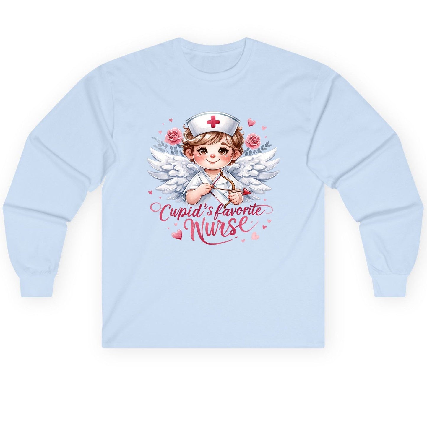 Cupid's Favorite Nurse cupid nurse Long Sleeve Tee Light Blue product mockup