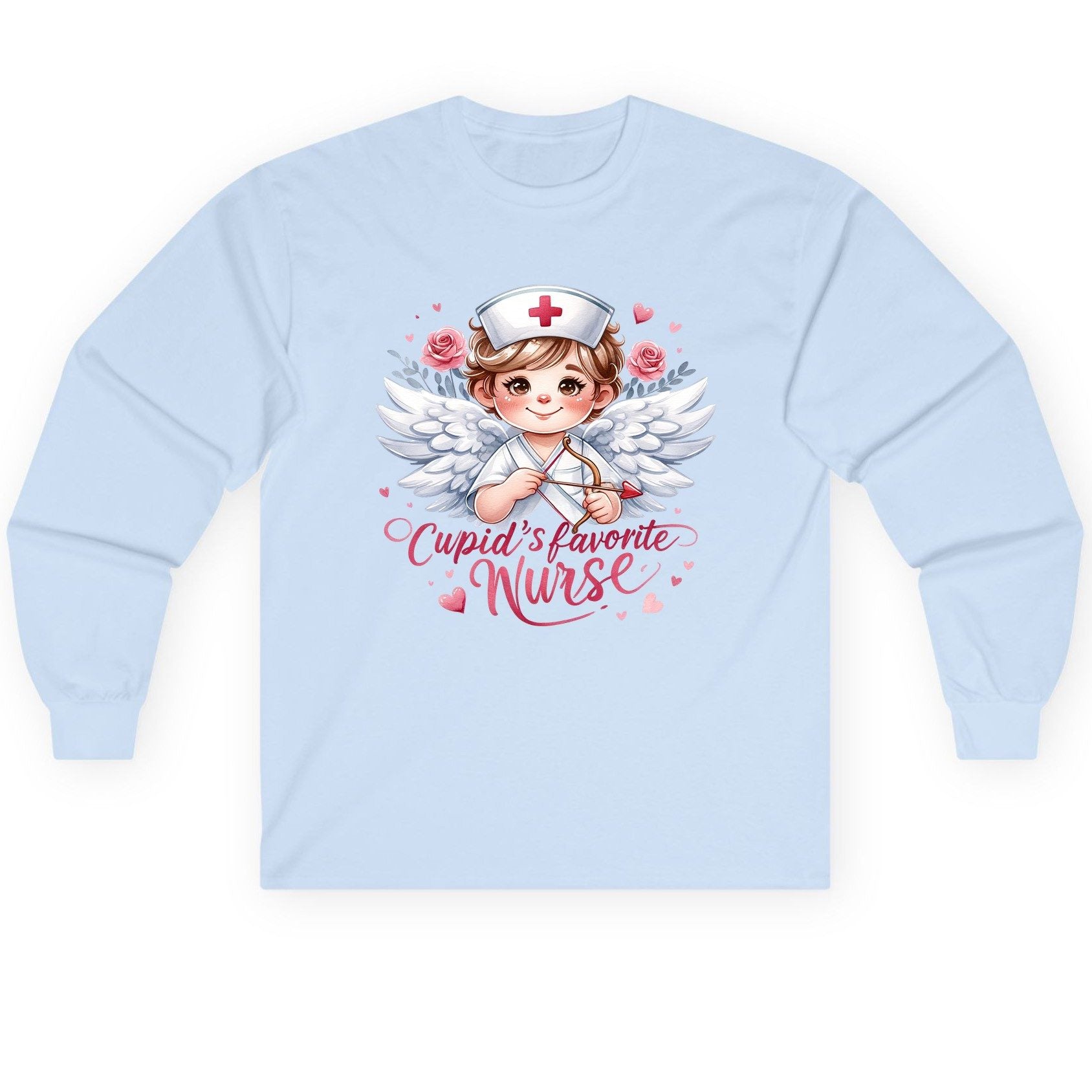 Cupid's Favorite Nurse cupid nurse Long Sleeve Tee Light Blue product mockup