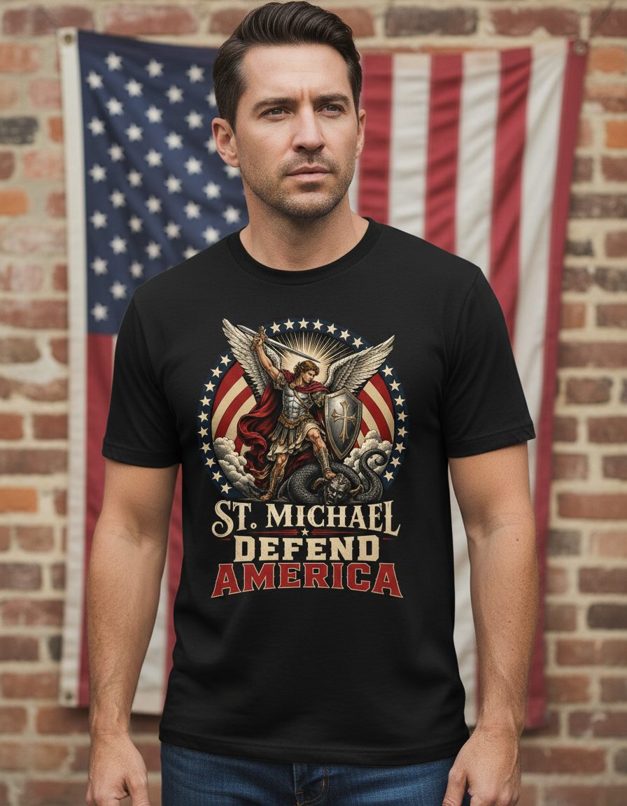 St Michael Defend America Patriotic Christian T-Shirt - lifestyle model mockup - Black