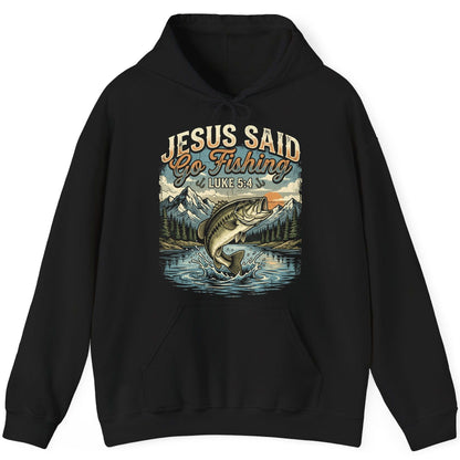 JESUS SAID Go Fishing LUKE 5 4 Retro Christian Hoodie - product mockup - Black
