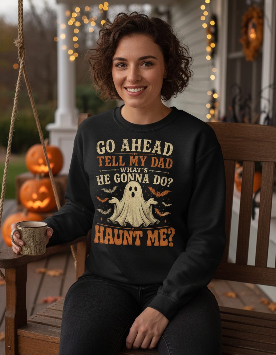 GO AHEAD TELL MY DAD WHAT'S HE GONNA DO HAUNT ME Sweatshirt - lifestyle model mockup - Black