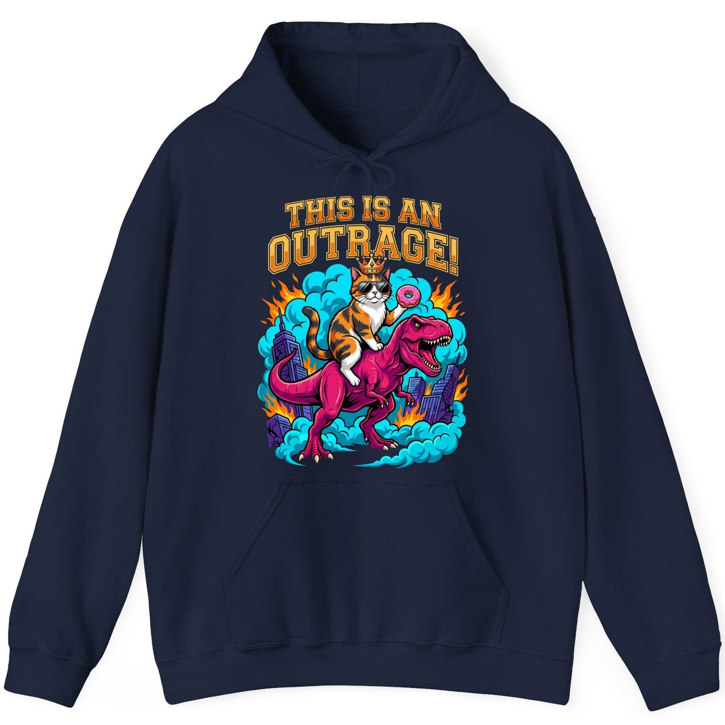 THIS IS AN OUTRAGE! Cat riding a T-Rex Hoodie Navy product mockup