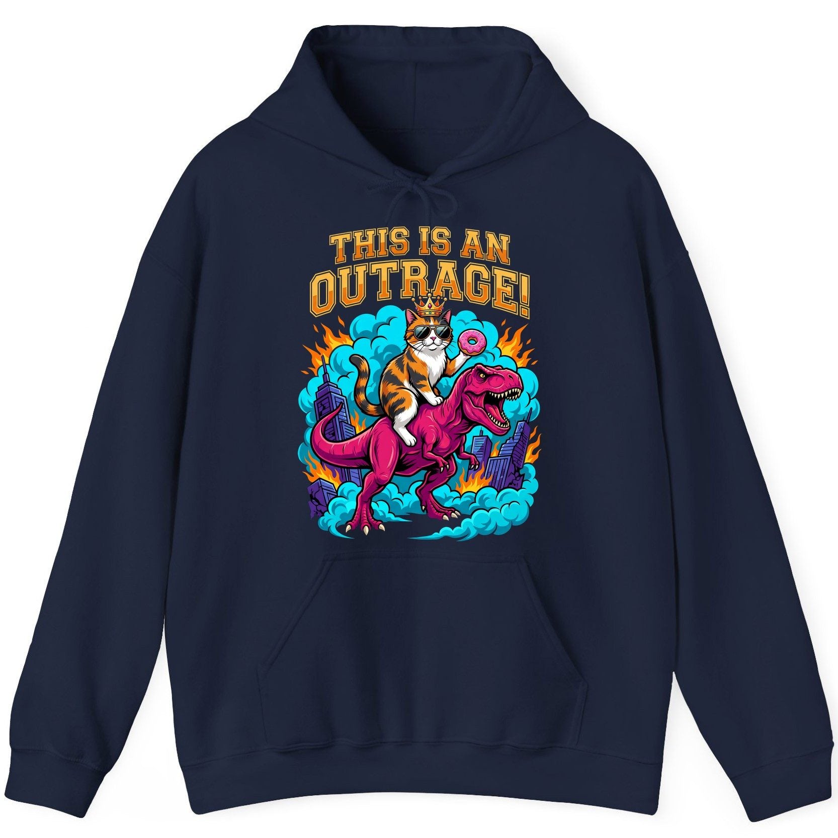 THIS IS AN OUTRAGE! Cat riding a T-Rex Hoodie Navy product mockup