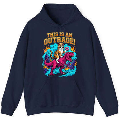 THIS IS AN OUTRAGE! Cat riding a T-Rex Hoodie Navy product mockup