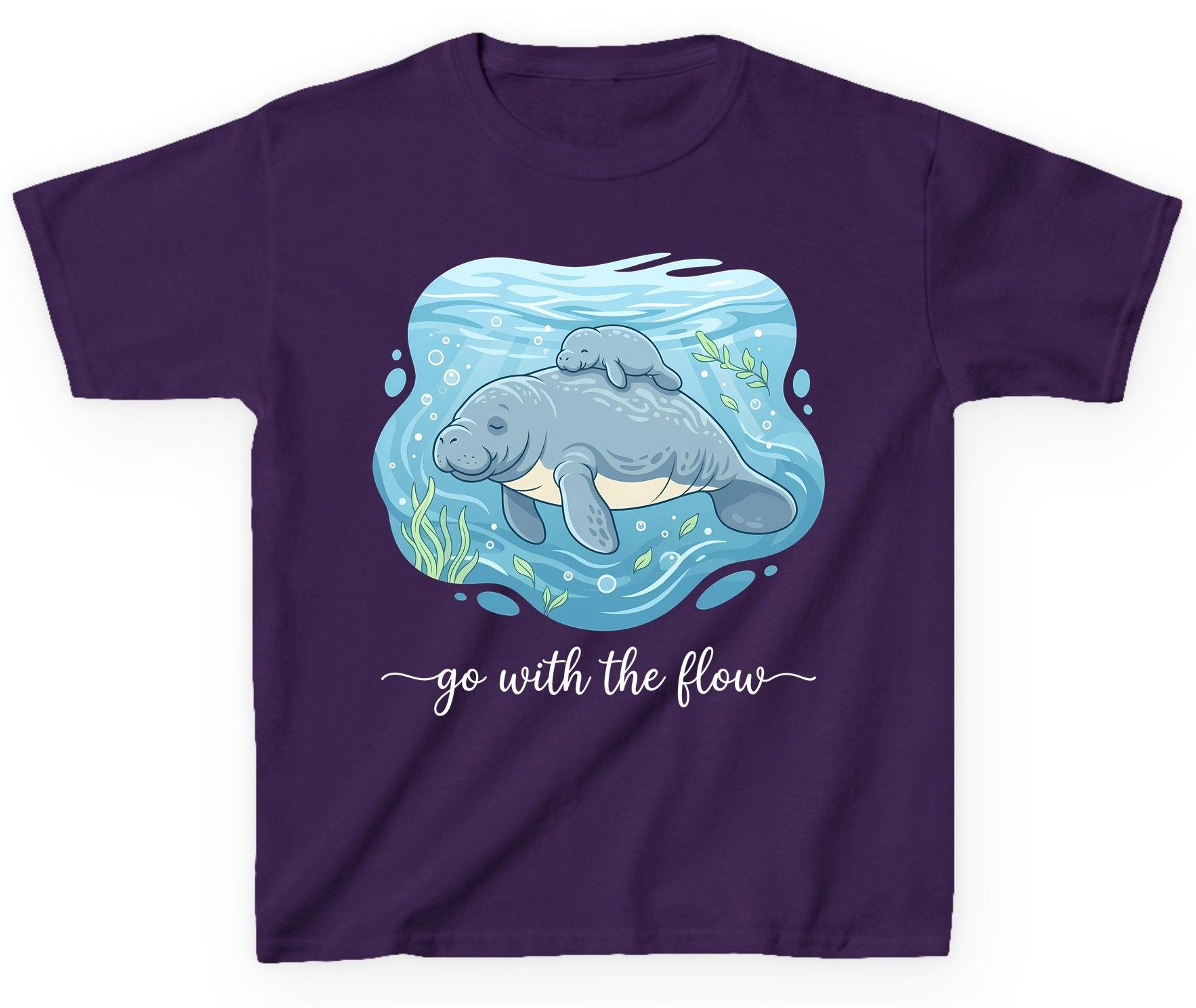 Go with the Flow Manatee Youth T-Shirt - product mockup - Purple