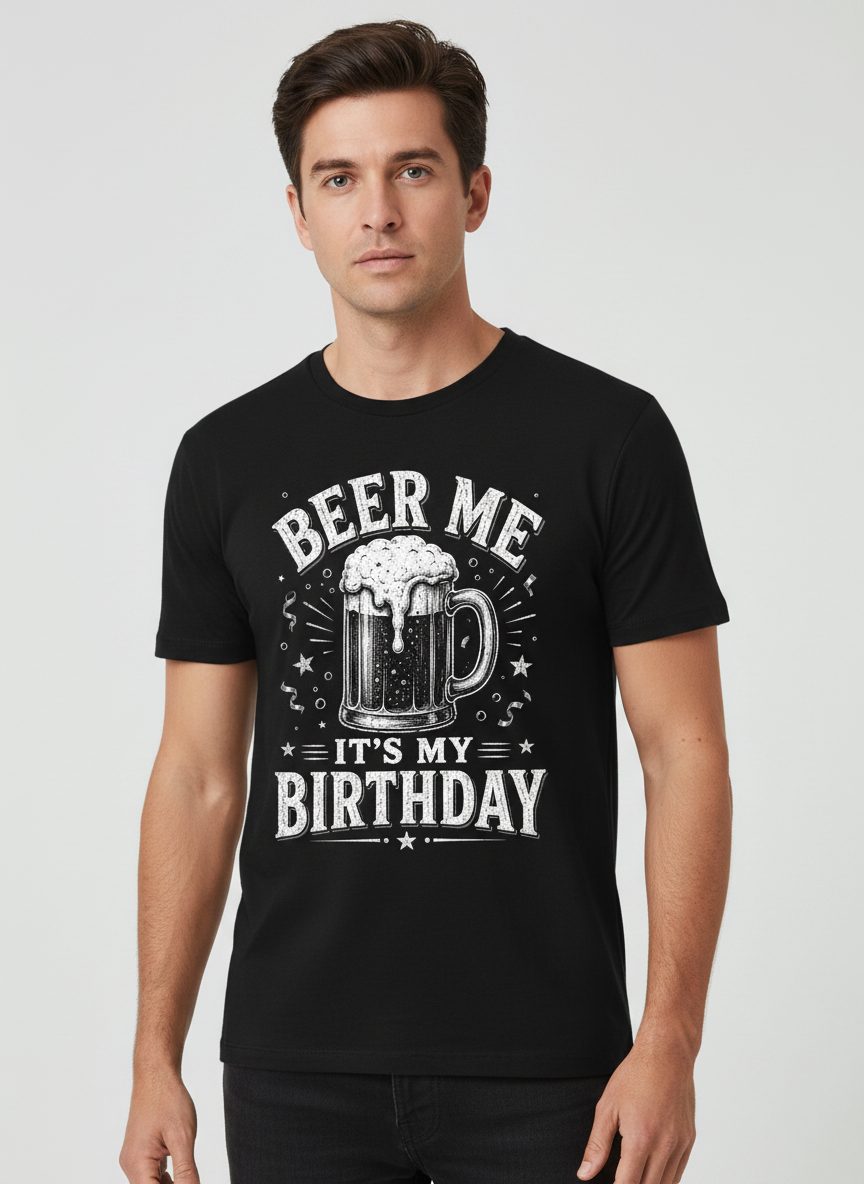 Beer Me It's My Birthday Funny Person T-Shirt - product mockup - Black