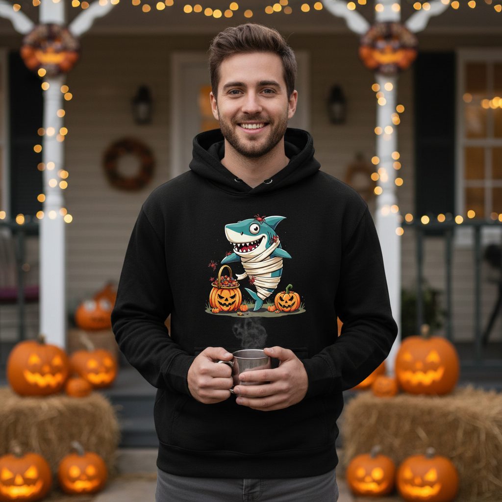 Mummy Shark Halloween shark Hoodie Black lifestyle mockup