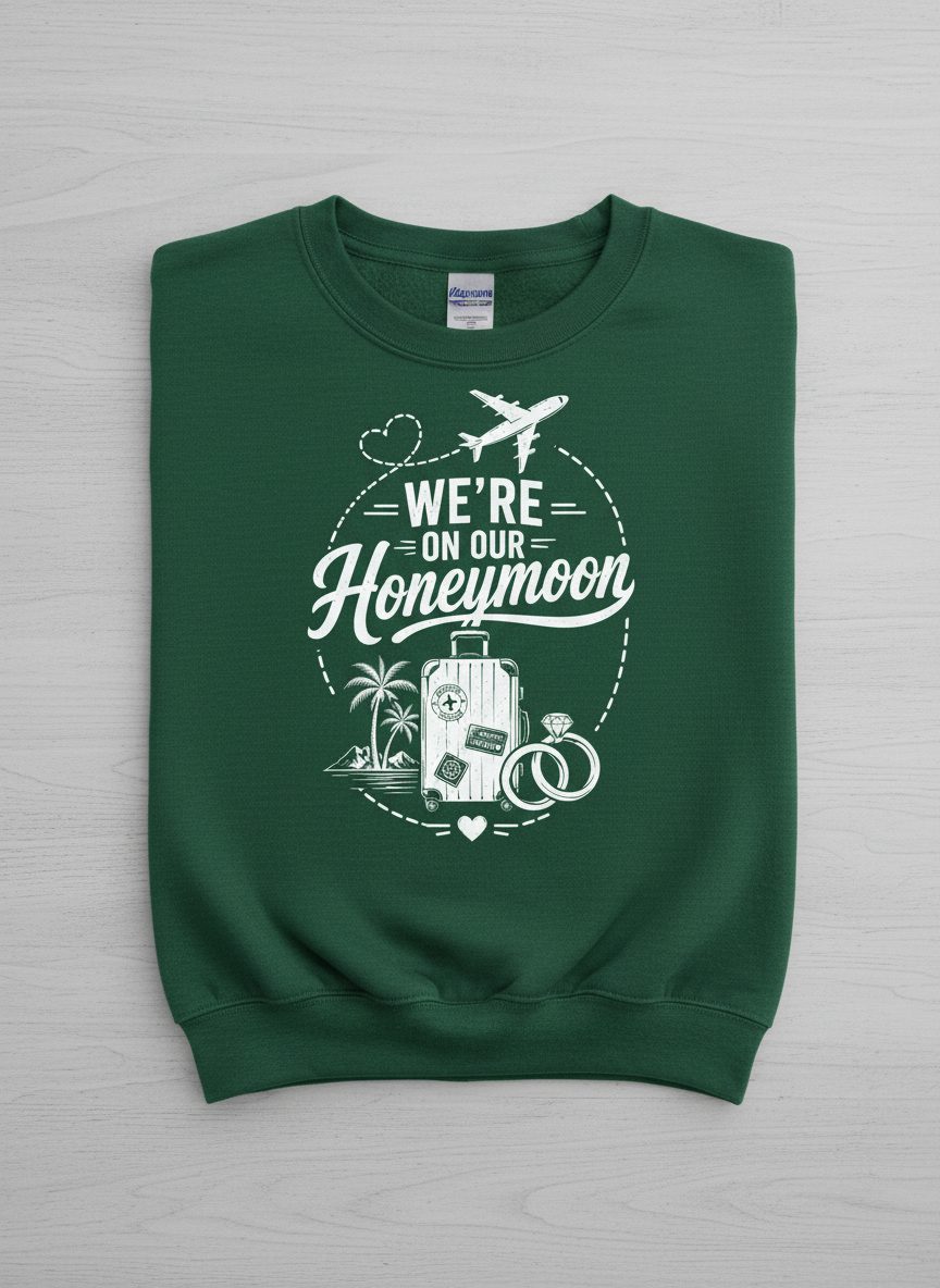 We're on Our Honeymoon Vintage Newlyweds Sweatshirt - product mockup - Forest Green