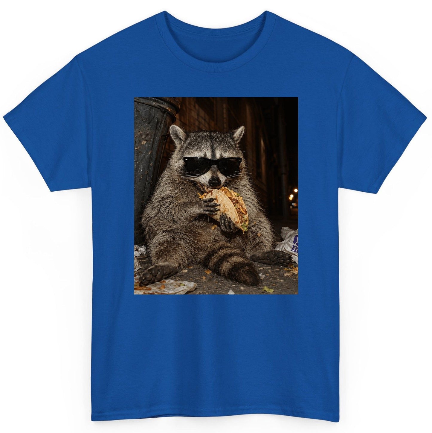Raccoon Eating Taco Funny Animal Lovers T-Shirt - product mockup - Royal