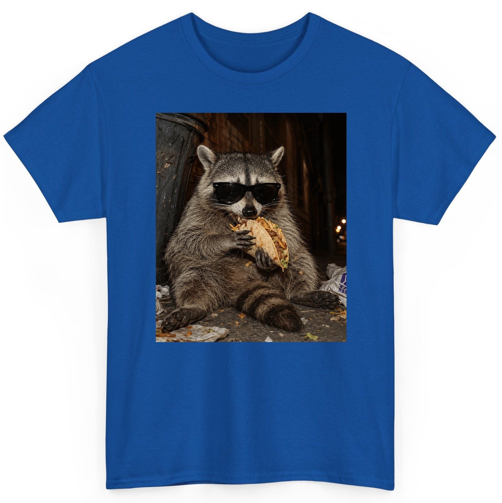 Raccoon Eating Taco Funny Animal Lovers T-Shirt - product mockup - Royal