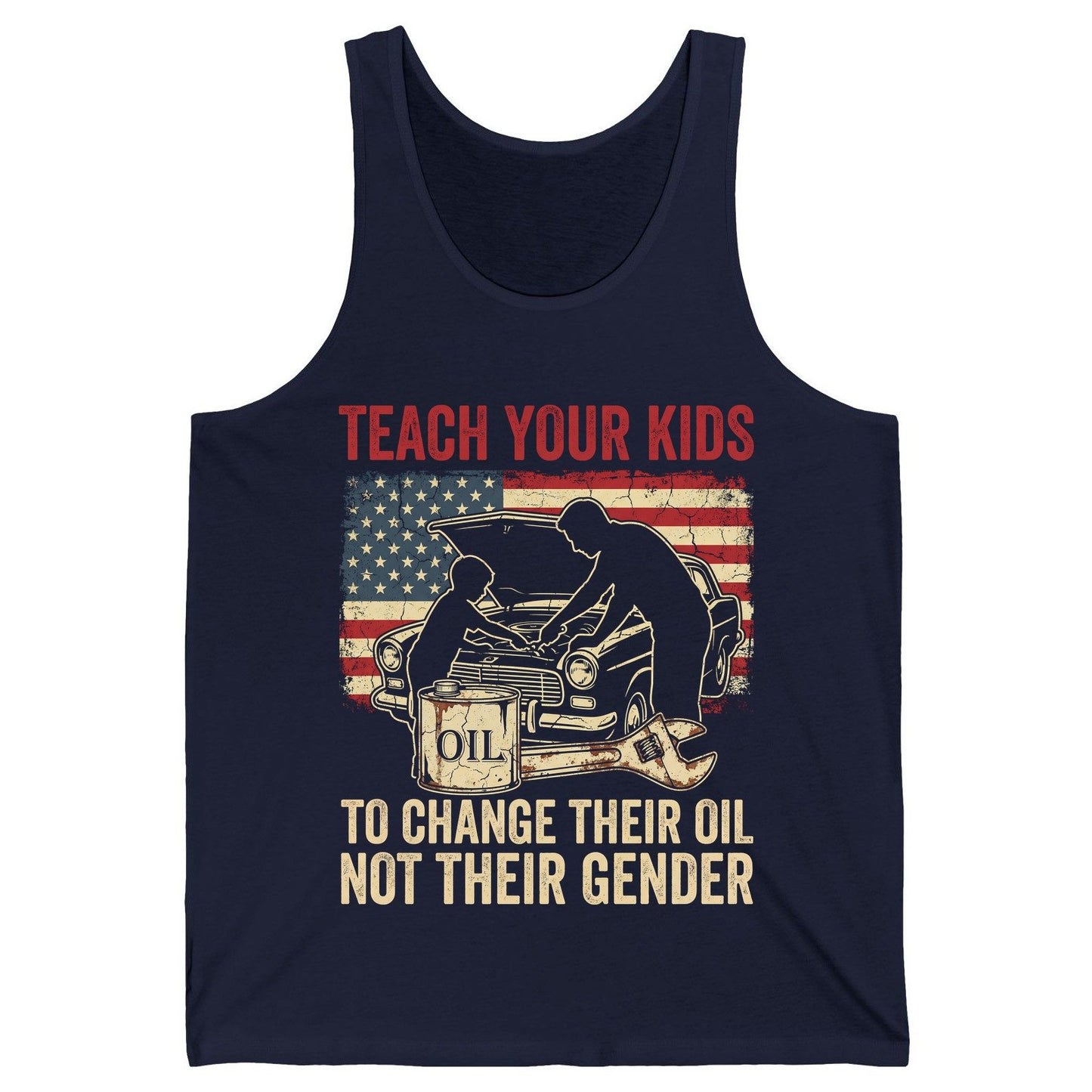 Teach Your Kids to Change Their Oil Not Their Gender car mechanic Tank Top Navy product mockup