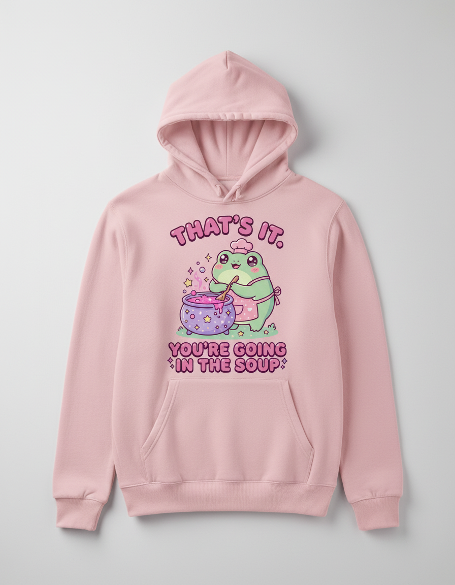 Kawaii Frog Chef 'You're Going In The Soup' Funny Meme Design Hoodie - Light Pink
