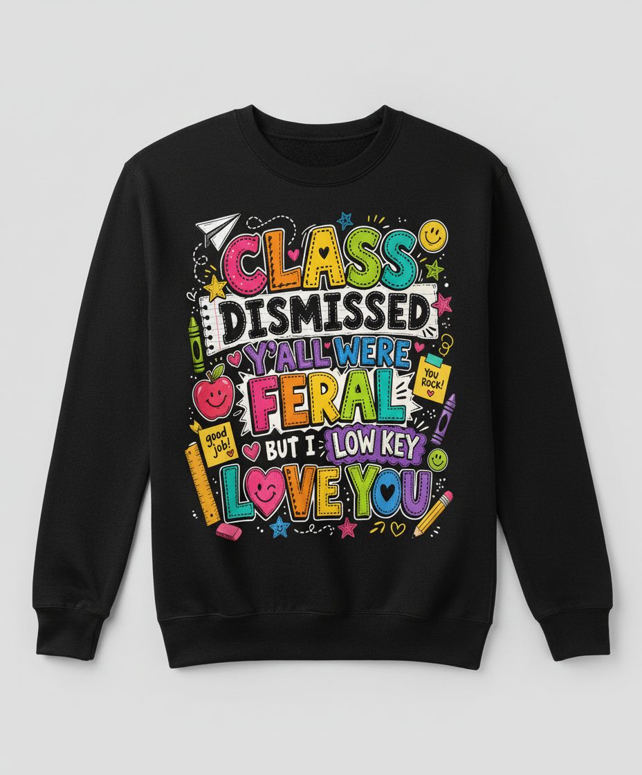 Class Dismissed Y'all Were Feral but I Low Key Love You Sweatshirt - product mockup - Black