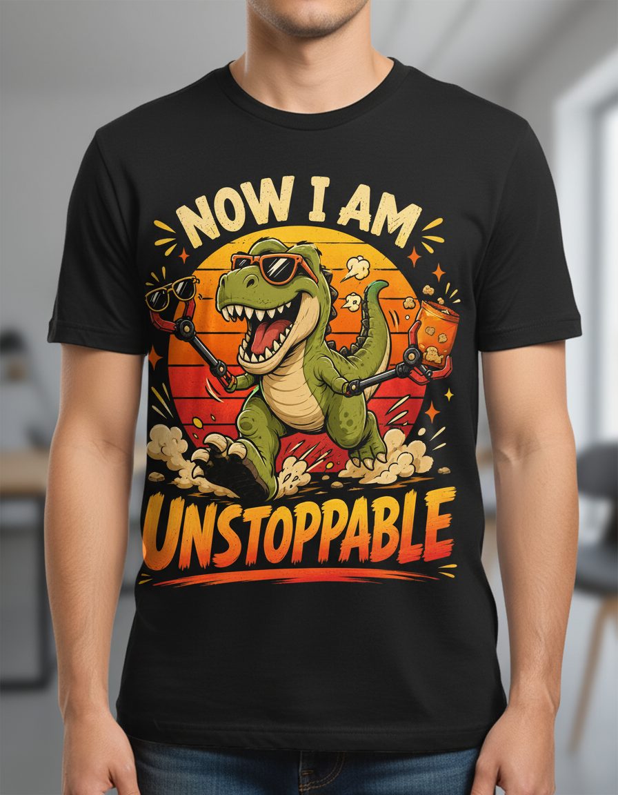 Now I Am Unstoppable Funny T-Rex Dinosaur T-Shirt - product mockup - Black