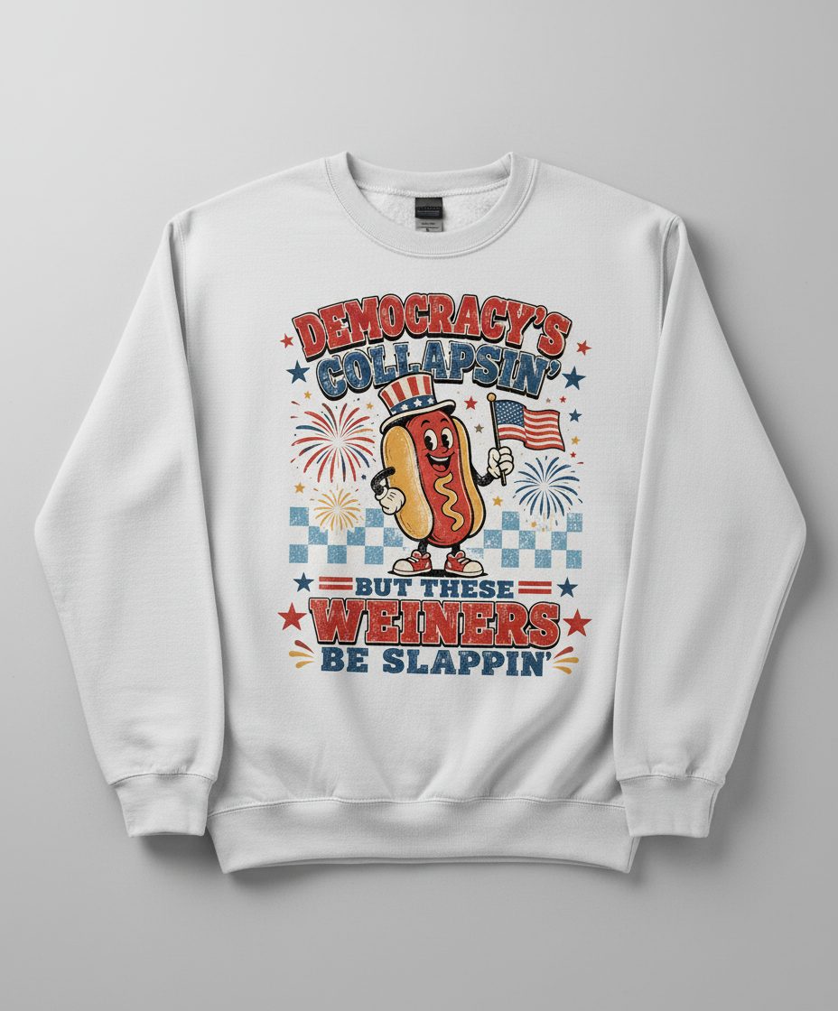 Democracy's Collapsin' but These Weiners Be Slappin' Sweatshirt - product mockup - White