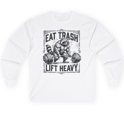 Eat Trash Lift Heavy raccoon Long Sleeve Tee White product mockup