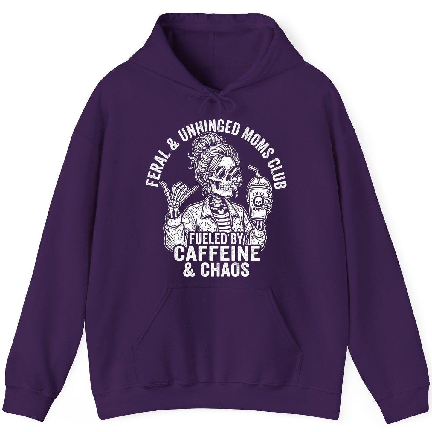 FERAL & Unhinged MOMS CLUB FUELED BY Caffeine & CHAOS Hoodie - product mockup - Purple