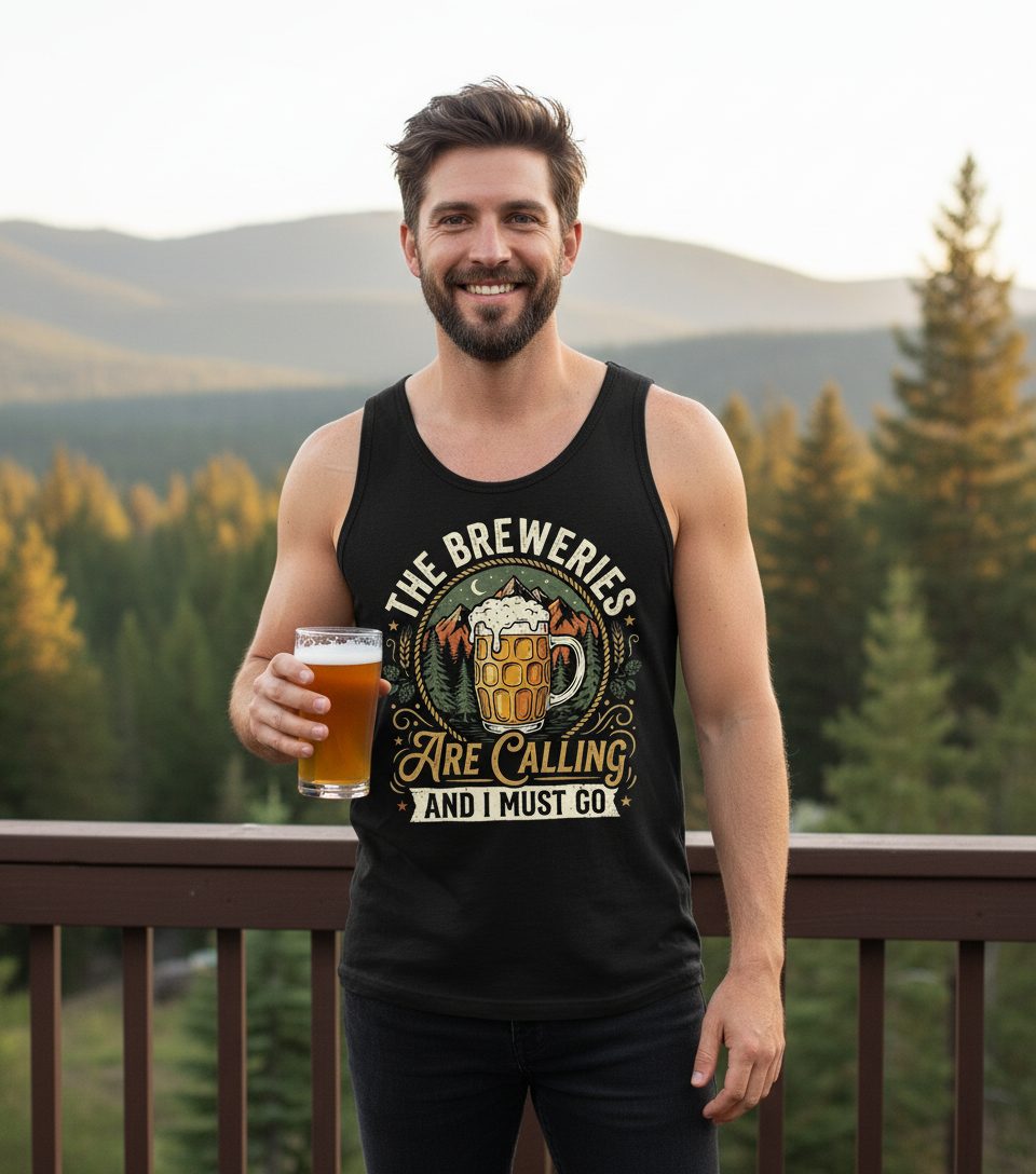 The Breweries Are Calling and I Must Go Funny Craft Beer Tank Top - lifestyle model mockup - Black