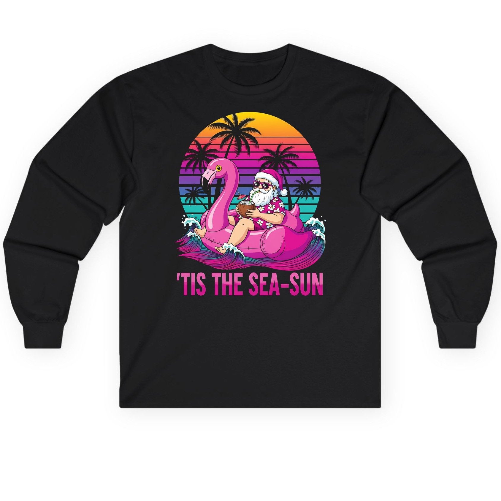 'Tis the Sea-Sun tropical santa claus Long Sleeve Tee Black product mockup
