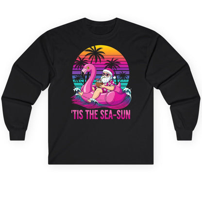 'Tis the Sea-Sun tropical santa claus Long Sleeve Tee Black product mockup