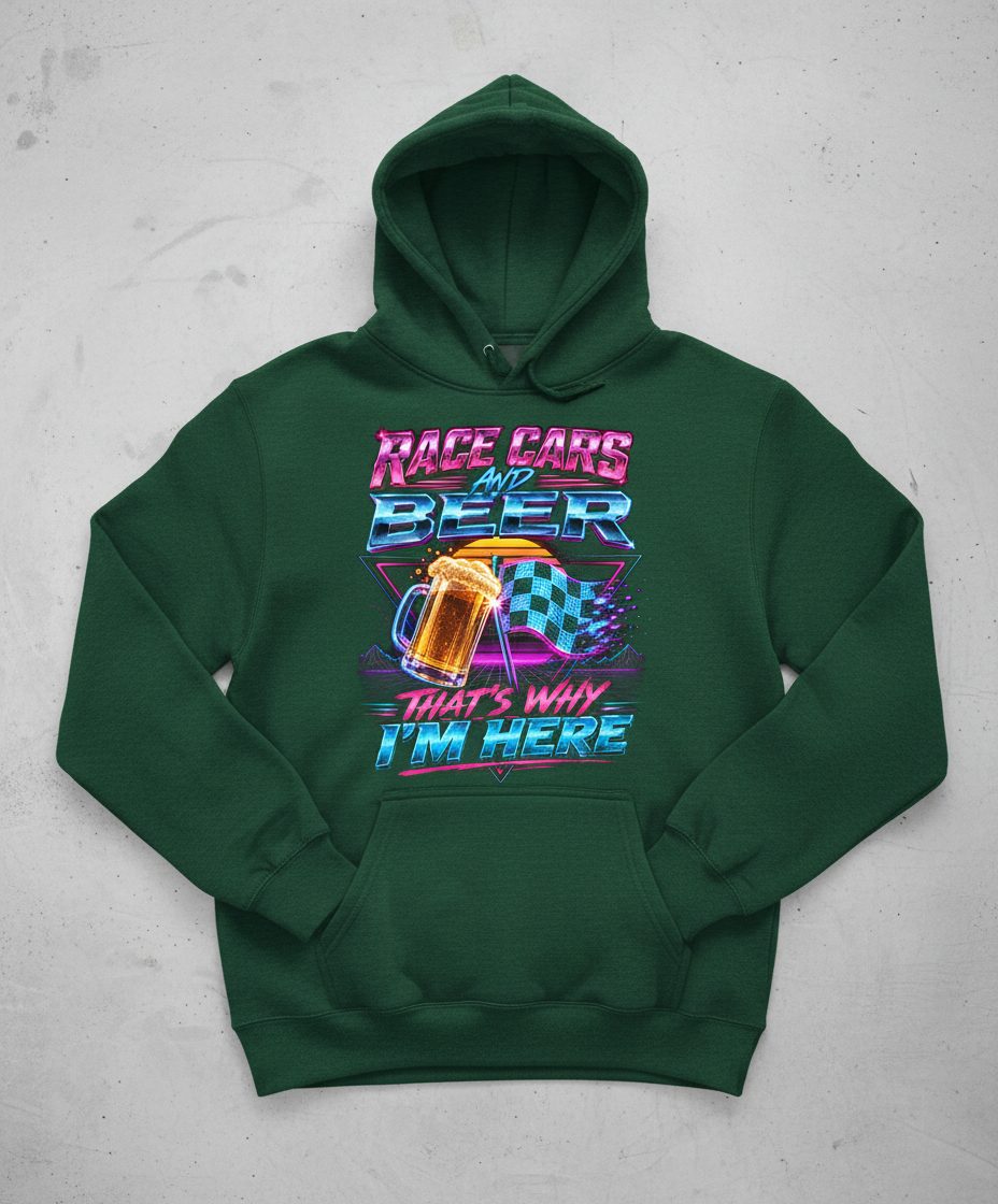 Race Cars and Beer That's Why I'm Here Retro Racing Hoodie - product mockup - Forest Green