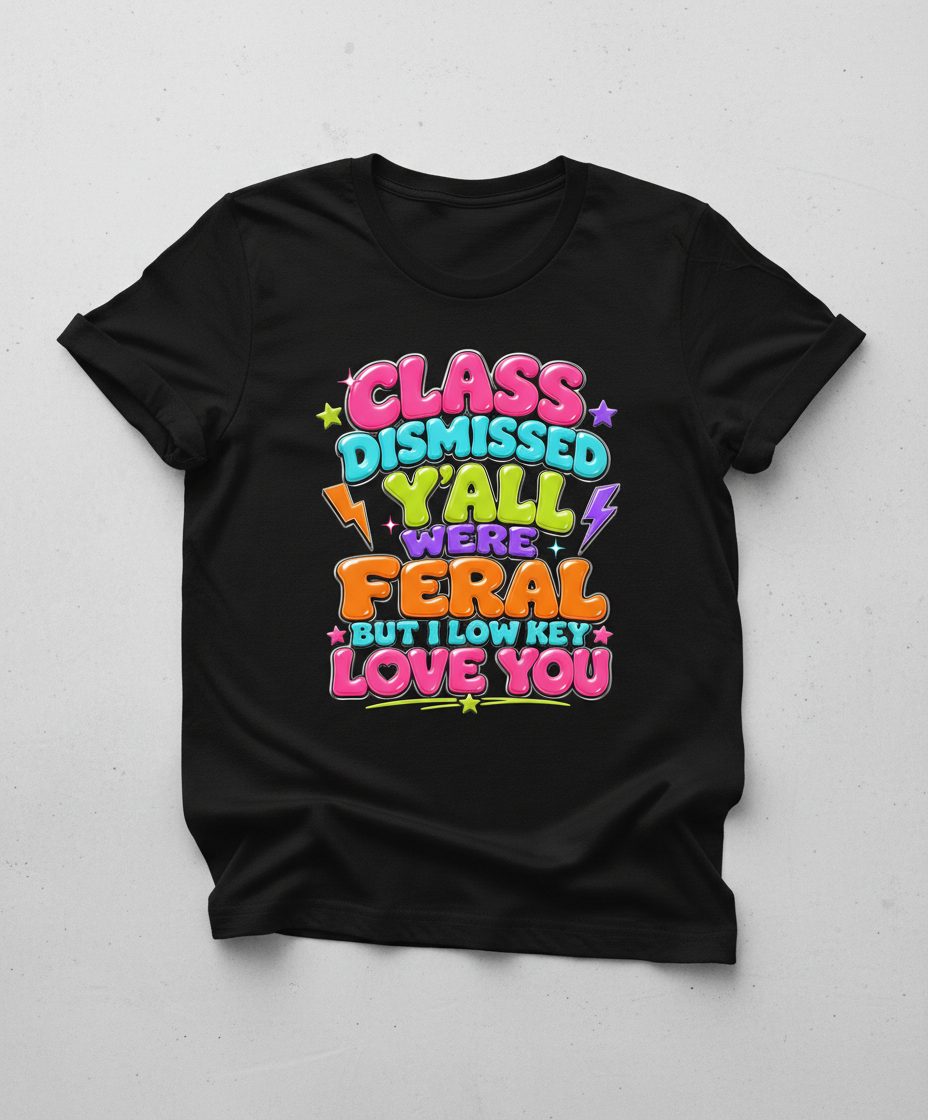 Class Dismissed Y'all Were Feral but I Low Key Love You T-Shirt - product mockup - Black