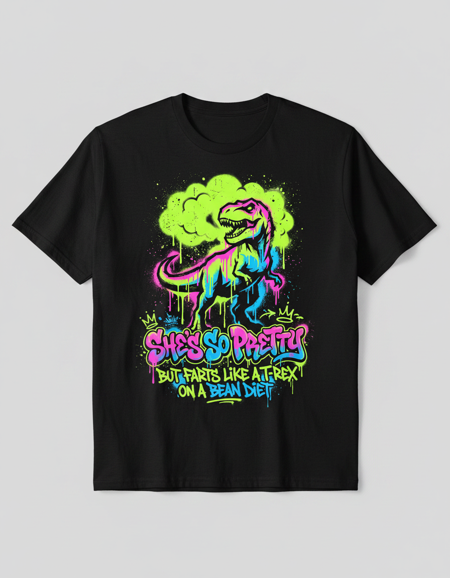 Funny T-Rex Graffiti Art 'She's So Pretty' T-Shirt - Black