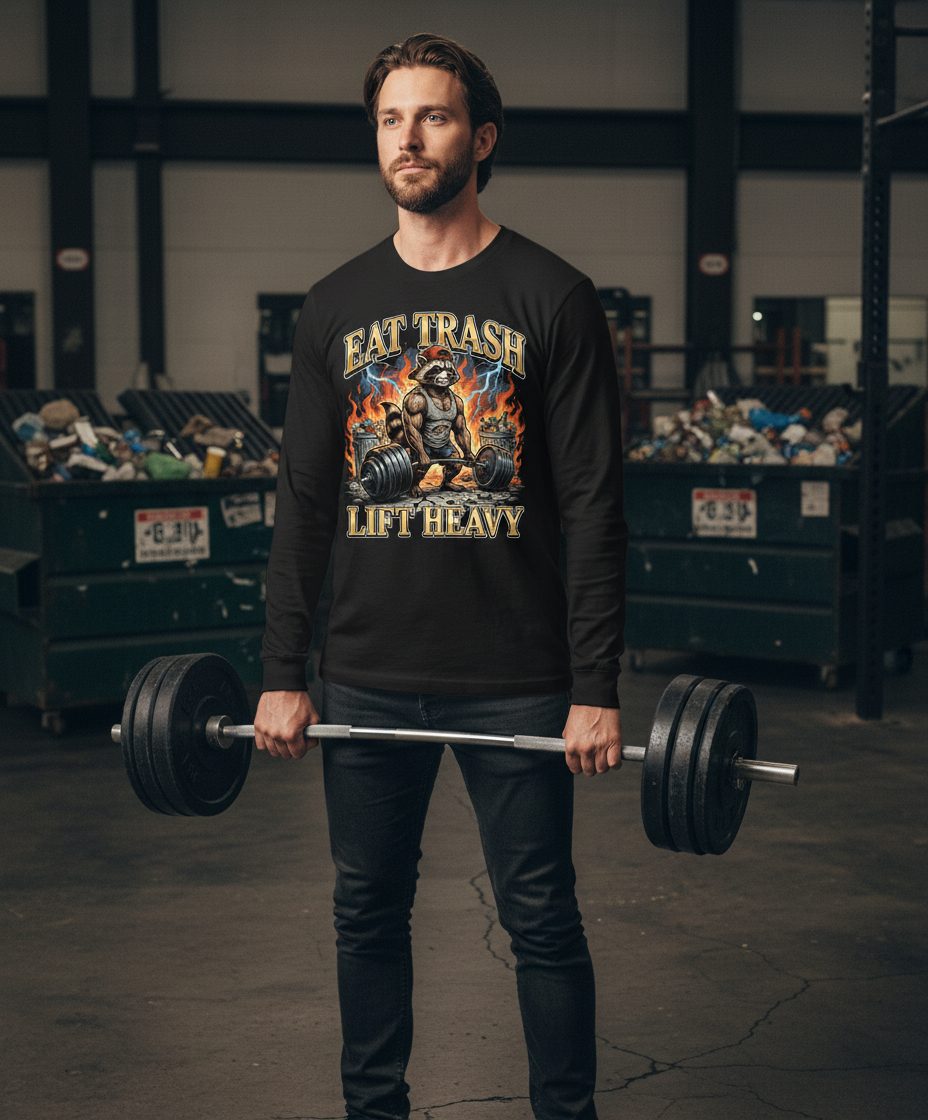 Eat Trash Lift Heavy raccoon Long Sleeve Tee Black lifestyle mockup