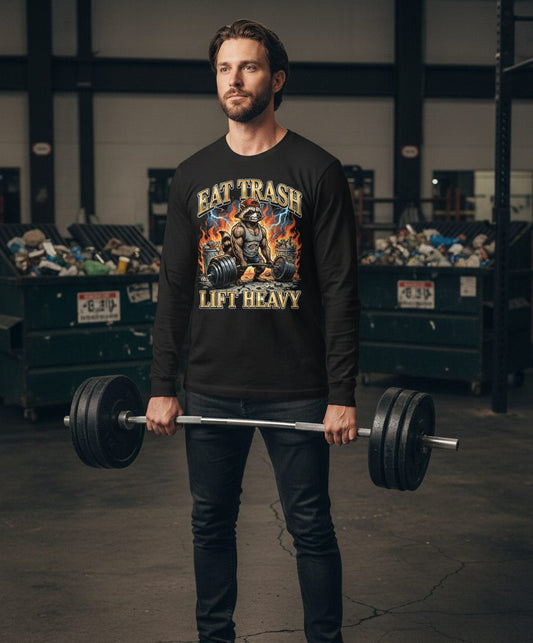 Eat Trash Lift Heavy raccoon Long Sleeve Tee Black lifestyle mockup
