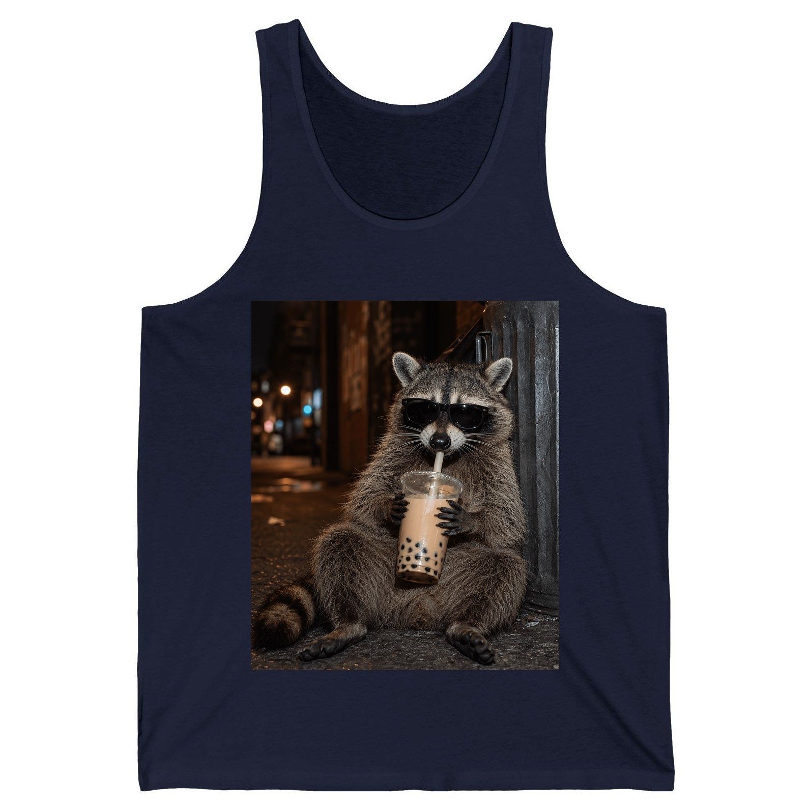 Cool Raccoon Bubble Tea Funny Lovers Tank Top - product mockup - Navy
