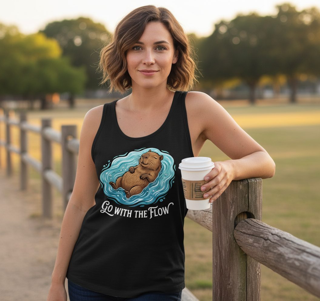 Go WITH THE Flow Funny Capybara Tank Top - lifestyle model mockup - Black
