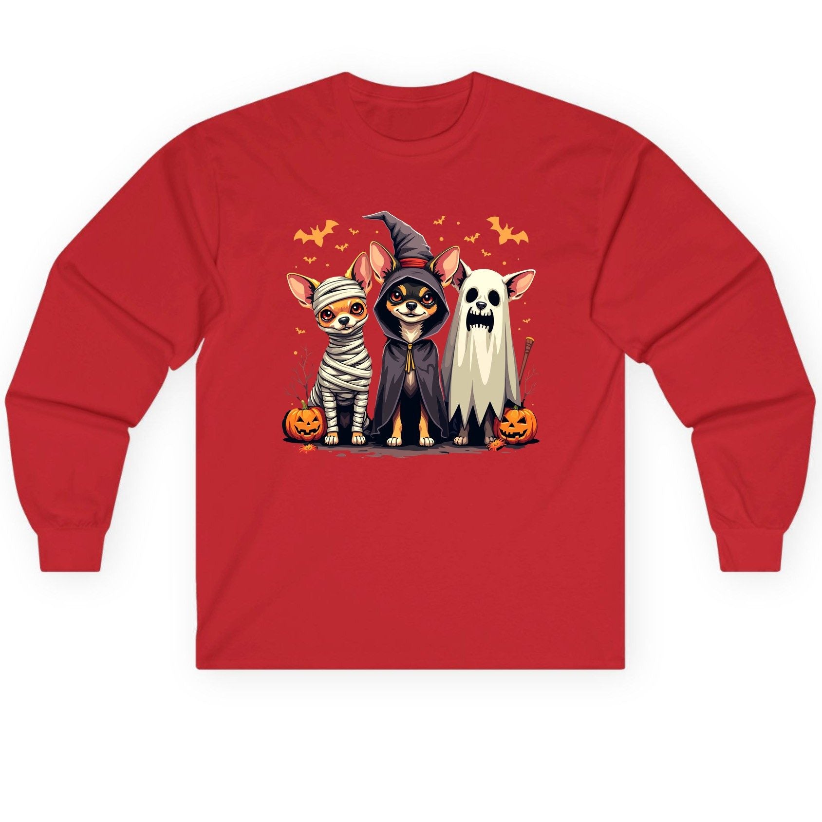 Chihuahua Halloween Costumes chihuahua dogs in Halloween costumes Long Sleeve Tee Red product mockup