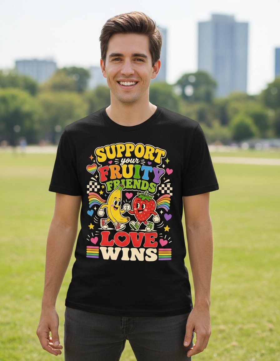 Support Your Fruity Friends Love Wins Retro Lgbtq+ Pride T-Shirt - lifestyle model mockup - Black