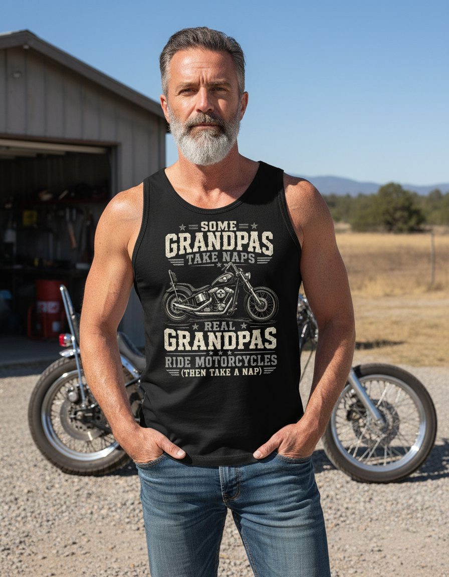 Some Grandpas Take Naps Real Grandpas Ride Motorcycles (then Take a Nap) Funny Biker Tank Top - lifestyle model mockup - Black
