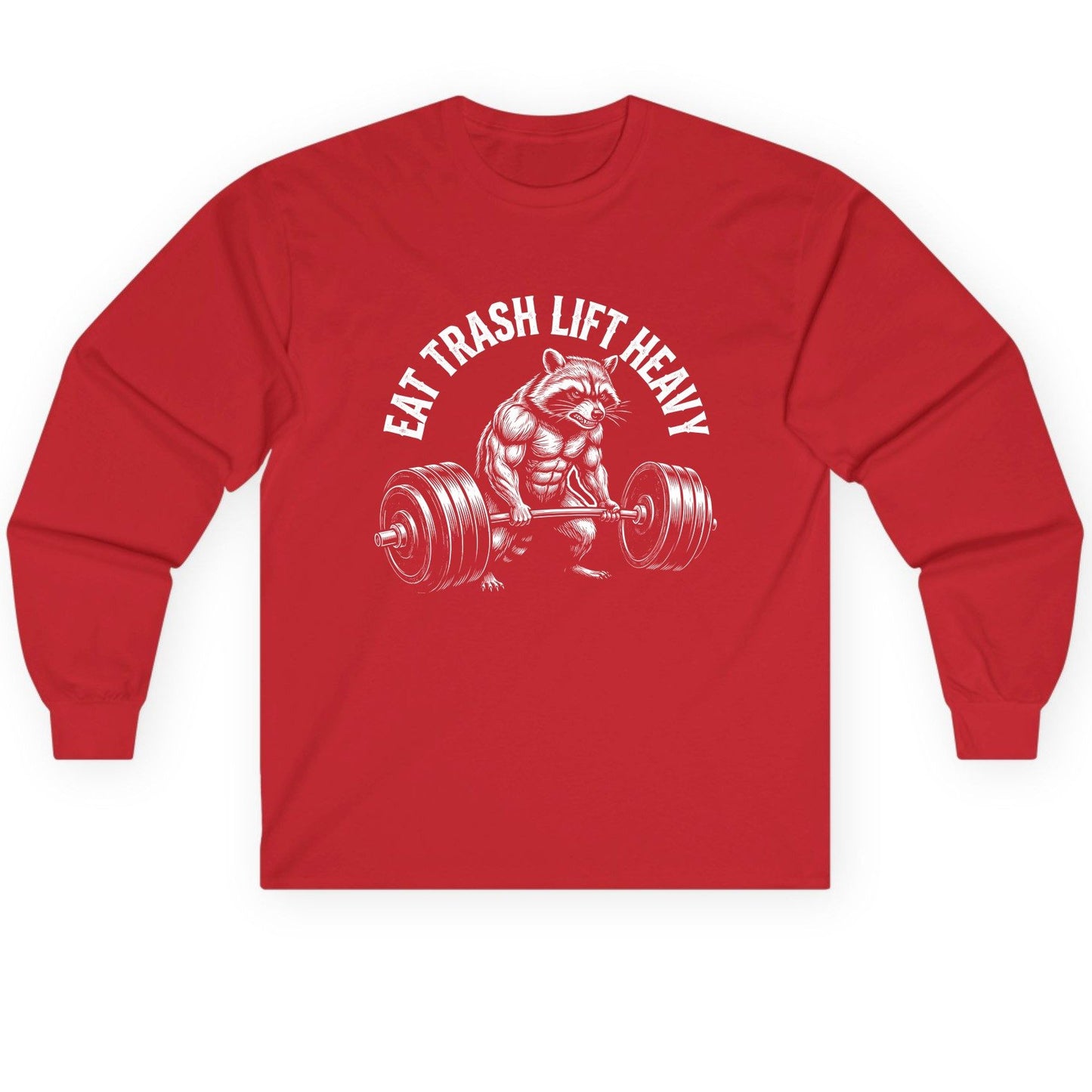 Eat Trash Lift Heavy raccoon Long Sleeve Tee Red product mockup