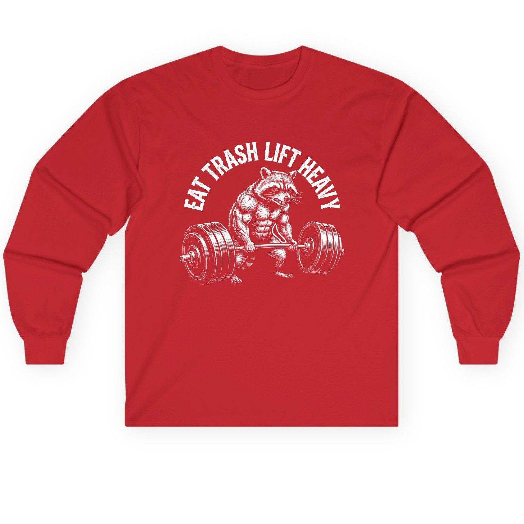 Eat Trash Lift Heavy raccoon Long Sleeve Tee Red product mockup