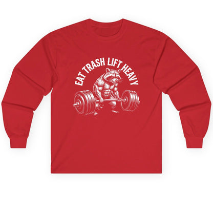 Eat Trash Lift Heavy raccoon Long Sleeve Tee Red product mockup