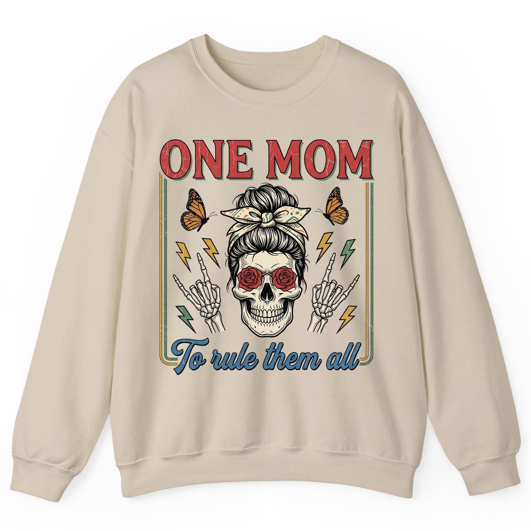 ONE MOM to Rule Them All Funny Skull Sweatshirt - product mockup - Sand