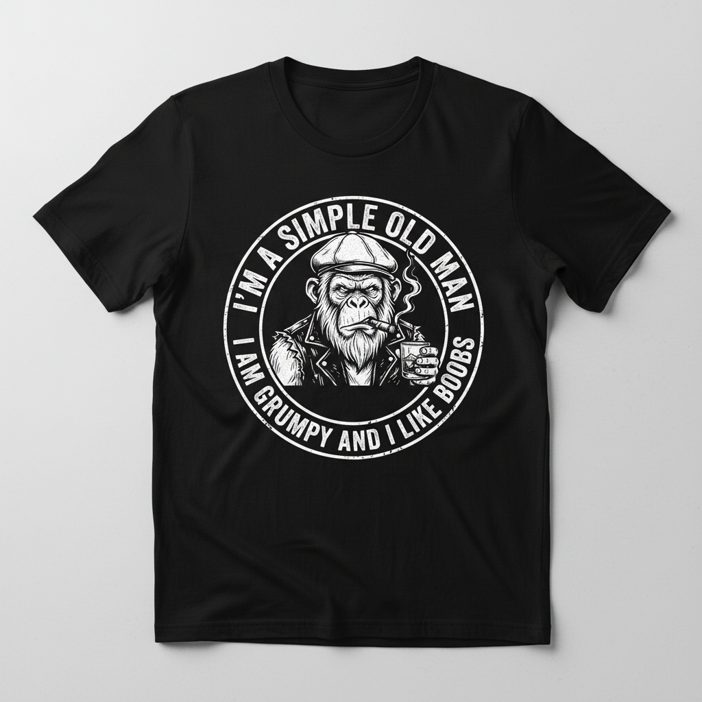 Grumpy Old Man Ape with Whiskey and Cigar Funny Quote T-Shirt - Black