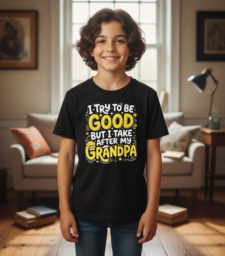 I TRY TO BE GOOD BUT I TAKE AFTER MY Grandpa Youth T-Shirt - lifestyle model mockup - Black