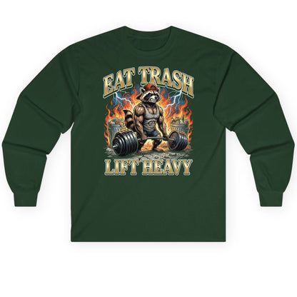 Eat Trash Lift Heavy raccoon Long Sleeve Tee Forest Green product mockup