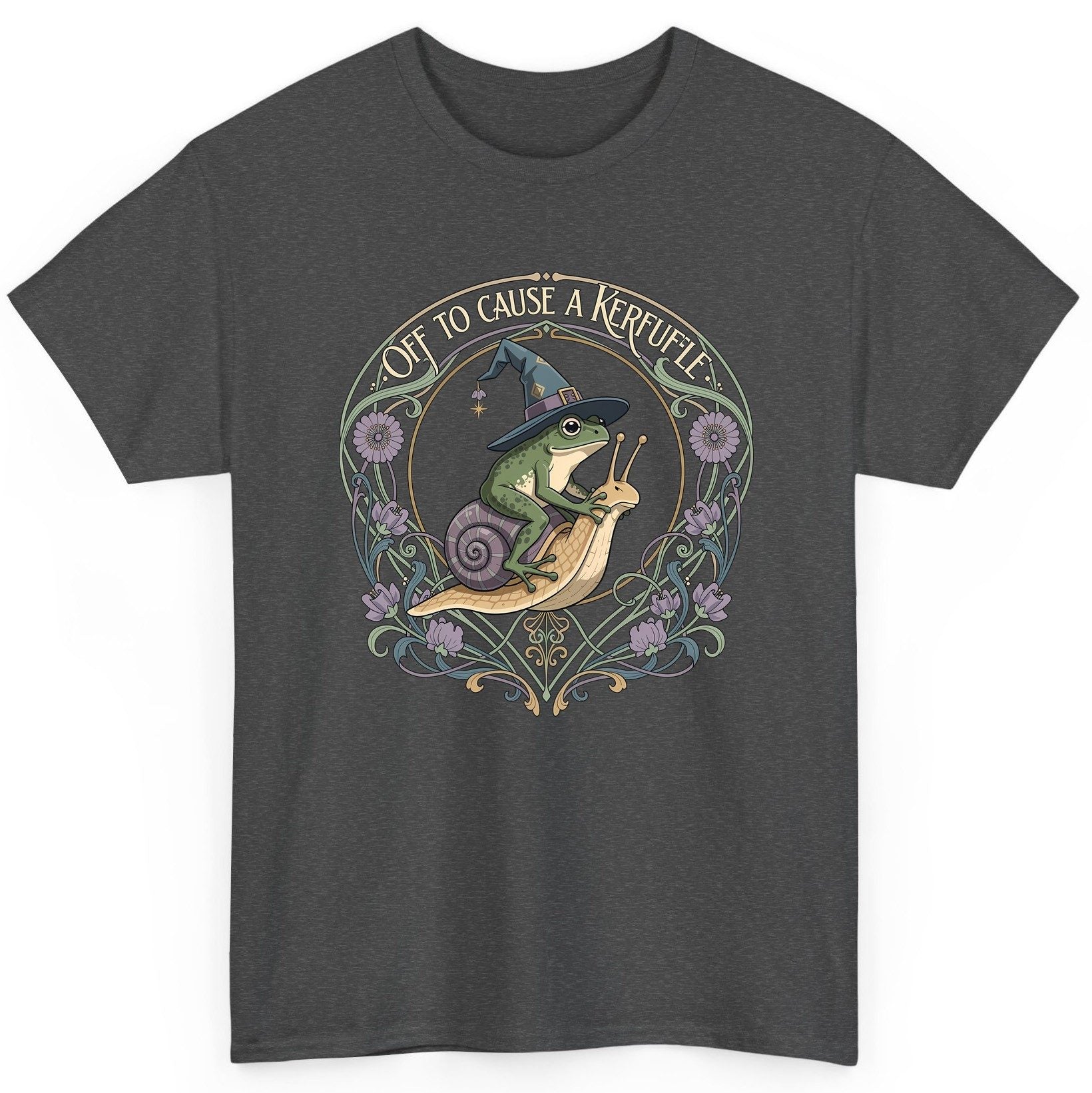 Off to Cause a Kerfuffle frog riding a snail T-Shirt Dark Heather product mockup