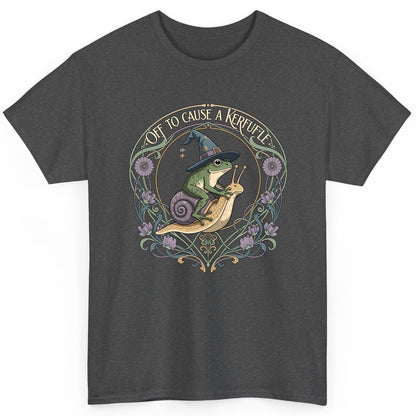 Off to Cause a Kerfuffle frog riding a snail T-Shirt Dark Heather product mockup