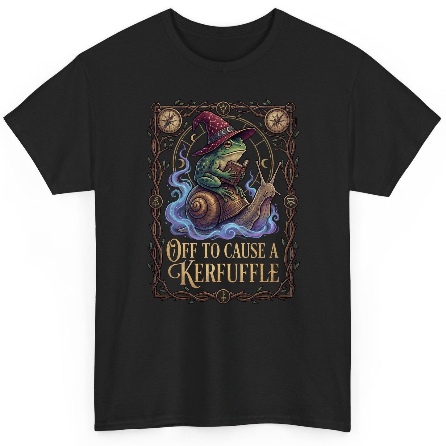 Off to Cause a Kerfuffle frog wizard T-Shirt Black product mockup