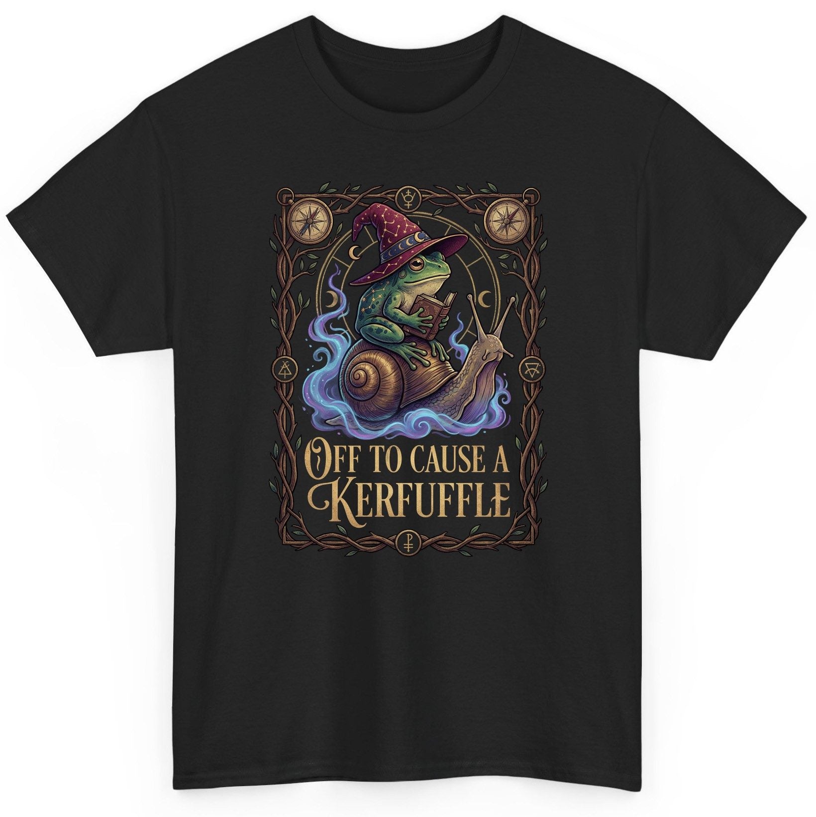 Off to Cause a Kerfuffle frog wizard T-Shirt Black product mockup