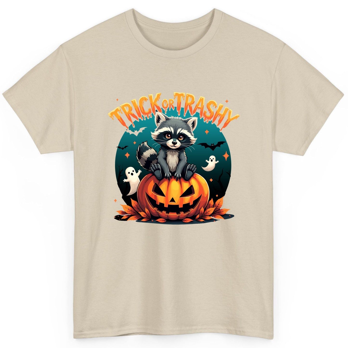 Trick or Trashy Halloween raccoon T-Shirt Sand product mockup