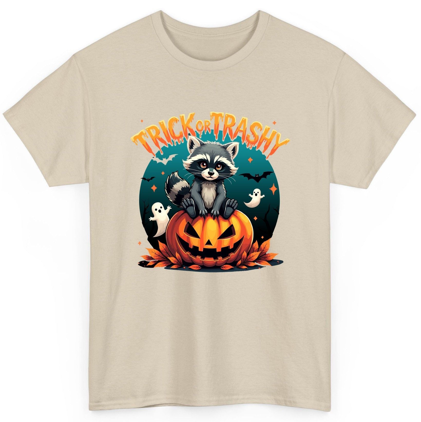 Trick or Trashy Halloween raccoon T-Shirt Sand product mockup
