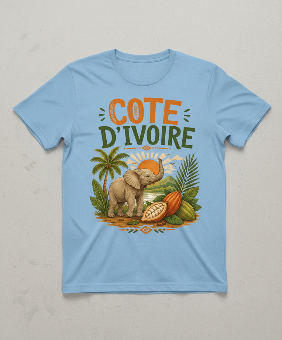 Cote D'Ivoire Elephant Travel Art T-Shirt - product mockup - Light Blue
