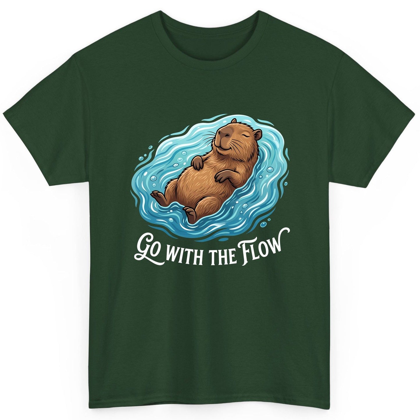 Go WITH THE Flow Funny Capybara T-Shirt - product mockup - Forest Green