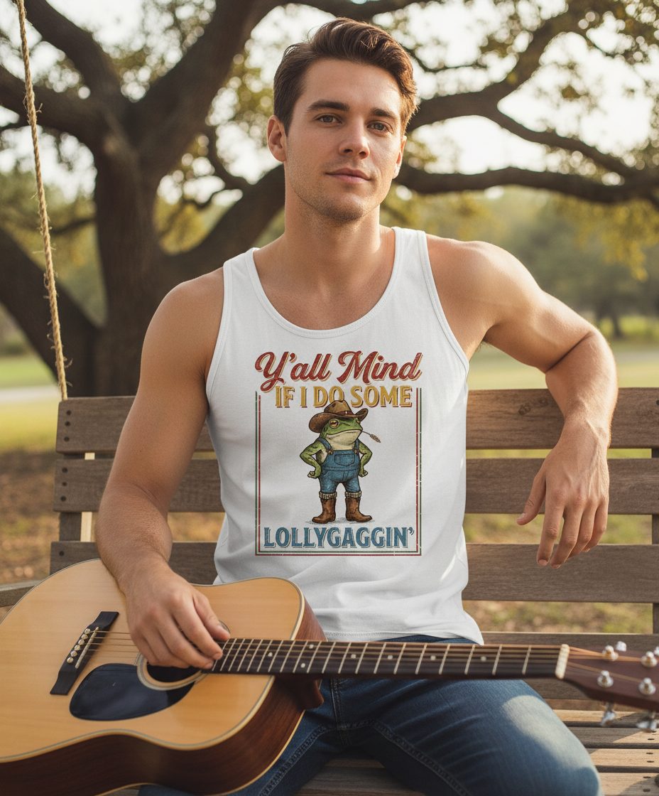Y'all Mind If I Do Some Lollygaggin' Funny Cowboy Frog Tank Top - lifestyle model mockup - White